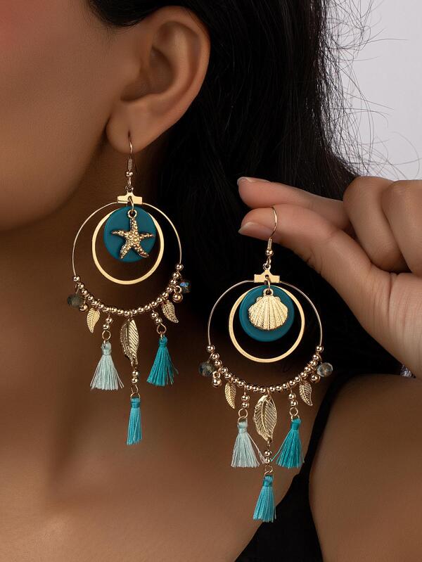 1 paire Pendants d'oreilles bohémien en alliage de zinc étoile de mer & à détail coquille pour femme pour décoration quotidienne