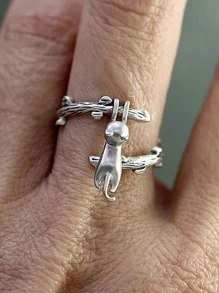 1入組復古鋅合金卡通貓裝飾紋理質感纏繞式戒指適合女士男士適用於禮品 - 銀色 - 查看 4