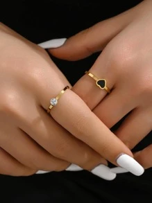 2入組/套時尚不銹鋼方晶鋯石和愛心裝飾圓環適合女士日常裝飾 - 金黃色 - 查看 1