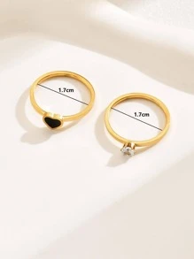 2入組/套時尚不銹鋼方晶鋯石和愛心裝飾圓環適合女士日常裝飾 - 金黃色 - 查看 3