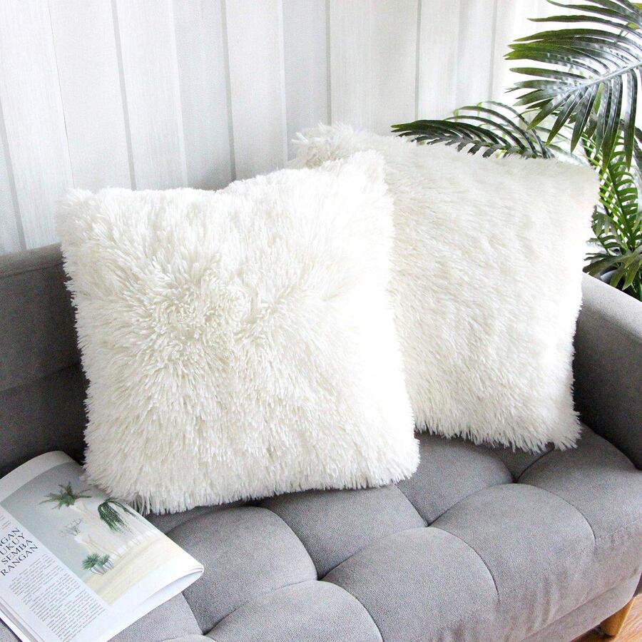 2pcs Solid Fuzzy Cushion Cover Without Filler, Modern Flannelette Decorative Throw Pillow Cover For Home - White - View 1