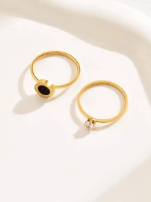2 pièces/set Anneau à la mode en acier inoxydable zircone cubique & à détail rond pour femme pour décoration quotidienne