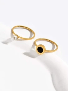 2 pièces/set Anneau à la mode en acier inoxydable zircone cubique & à détail rond pour femme pour décoration quotidienne