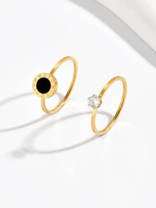 2 pièces/set Anneau à la mode en acier inoxydable zircone cubique & à détail rond pour femme pour décoration quotidienne