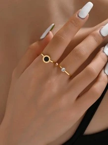 2 pièces/set Anneau à la mode en acier inoxydable zircone cubique & à détail rond pour femme pour décoration quotidienne