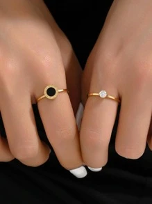 2 pièces/set Anneau à la mode en acier inoxydable zircone cubique & à détail rond pour femme pour décoration quotidienne