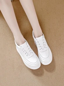 Giày thể thao cho nữ, Giày đế xuồng buộc dây phía trước tối giản - trắng - Xem 8