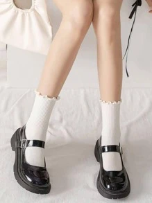 3雙素色荷葉邊設計短襪 - 白色 - 查看 1