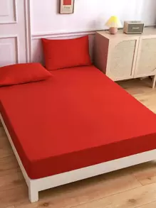 素色無內芯床單套裝，1件床墊套和2件枕套，極簡風格涤纶床单套装，適用於臥室 - 紅色 - 查看 1