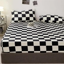 3pcs Checkerboard Pattern Fitted Sheet Set(1 Fitted Sheet & 2 Pillowcase) , Modern Sheet Set For All Seasons - Black and White - View 2