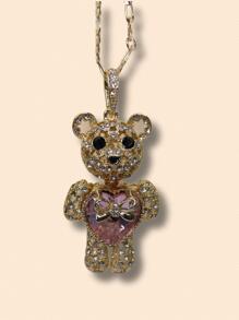 Articulated Teddy Bear Necklace With Crystals - Gold - View 3