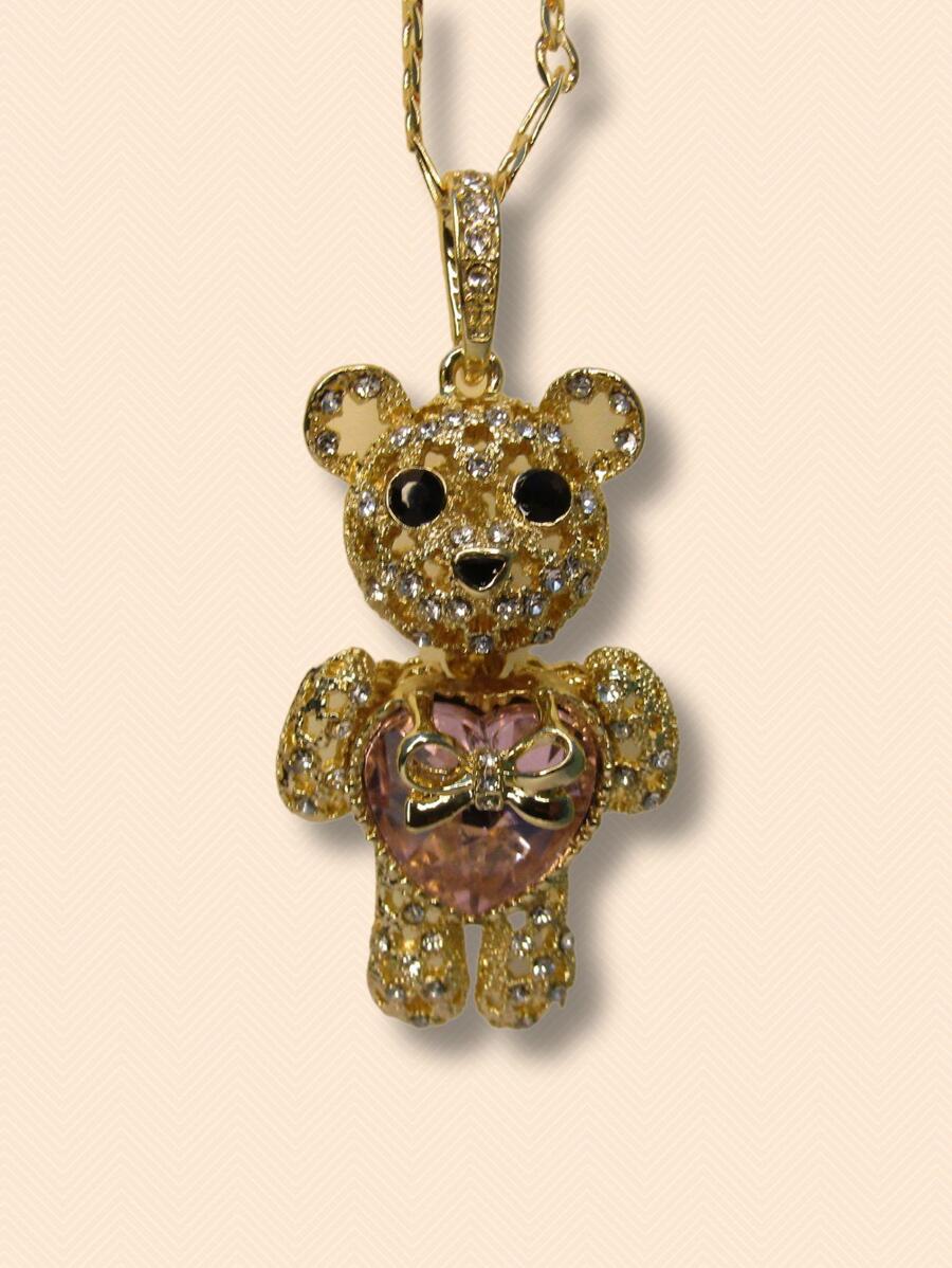 Articulated Teddy Bear Necklace With Crystals - Gold - View 1