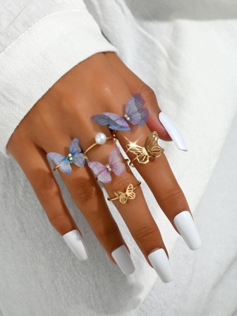 6入組時尚假珍珠和蝴蝶裝飾女戒指,適合作為禮物