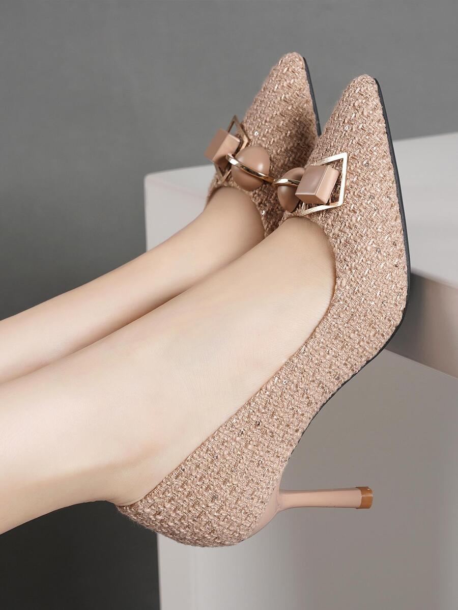 金屬裝飾尖頭細高跟單鞋,時尚款式,春秋季節適用 - 駝色 - 查看 1