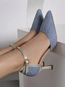 女性亮片細節酒杯高跟魅力四射戶外踝帶高跟單鞋 - 藍色 - 查看 4