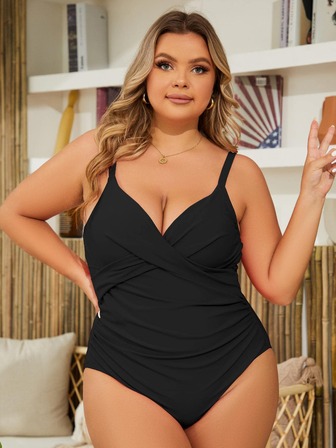 大码褶皱裹身交叉连体泳衣夏季