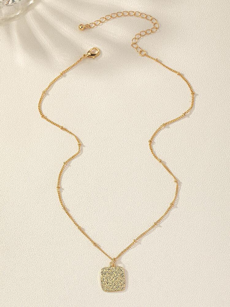 1pc Fashion Zinc Alloy Textured Square Pendant Necklace For Women For Daily Decoration - Yellow Gold - View 3