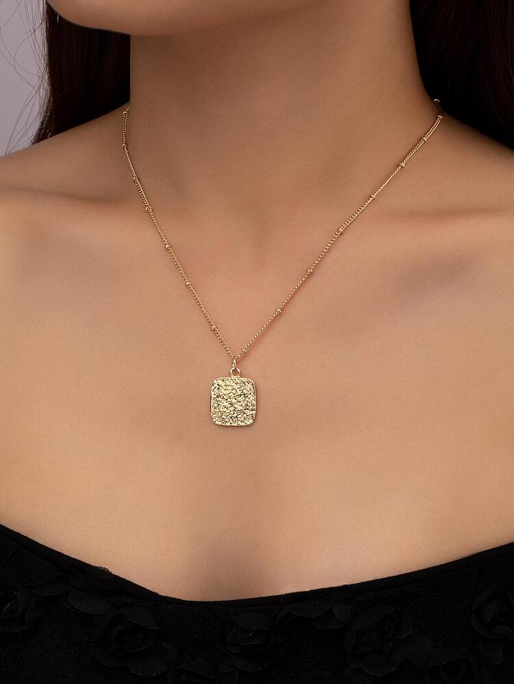 1pc Fashion Zinc Alloy Textured Square Pendant Necklace For Women For Daily Decoration - Yellow Gold - View 1