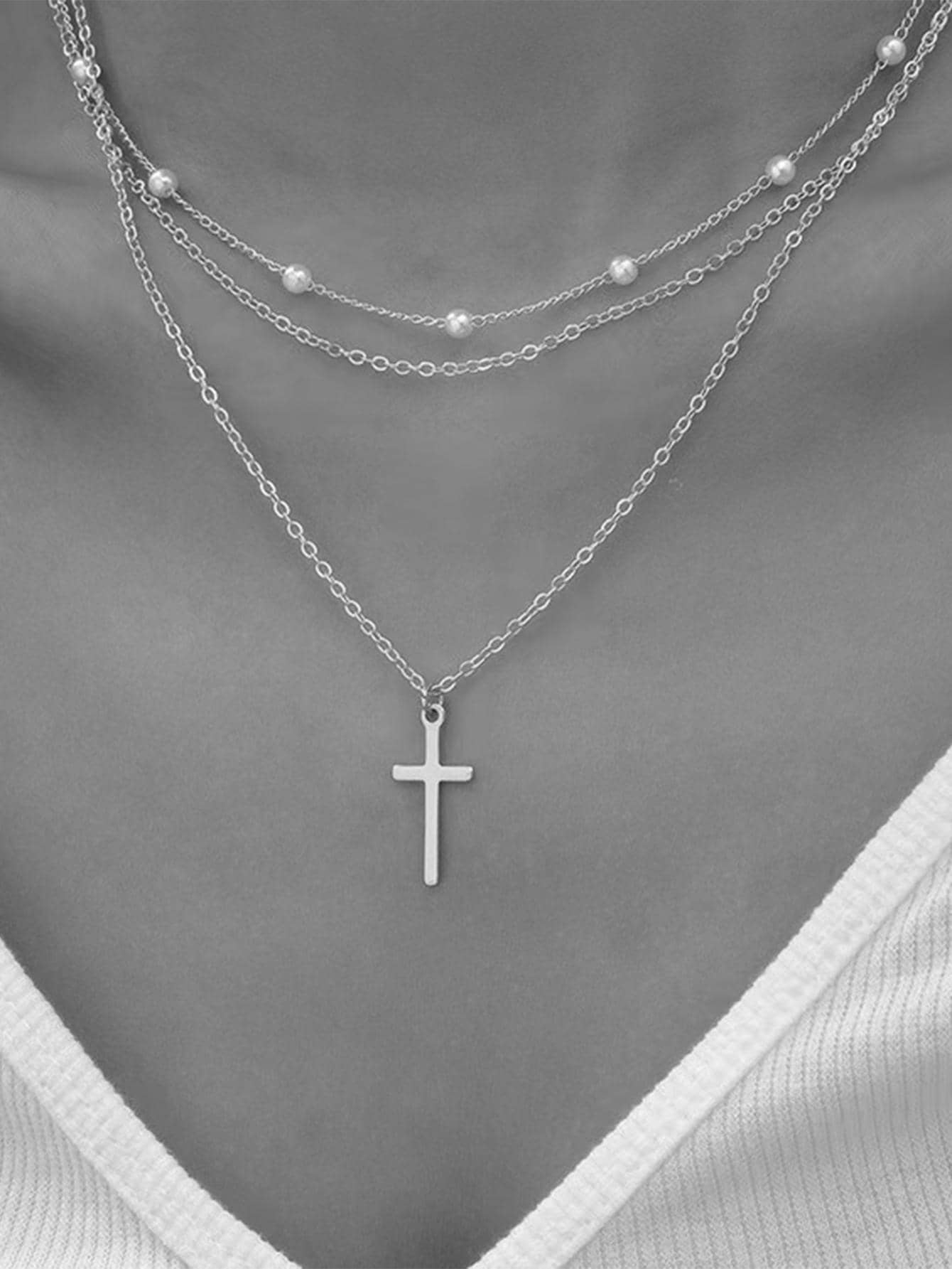2pcs/Set Fashion Faux Pearl Decor Cross Pendant Necklace For Women For Gift