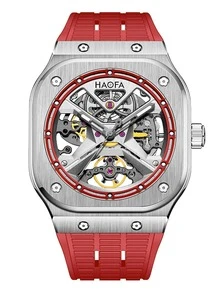 Haofa 1pc Men Red Rubber Strap Fashion Waterproof Skeleton Design Glow In The Dark Mechanical Watch, For Daily Life - Red - View 1