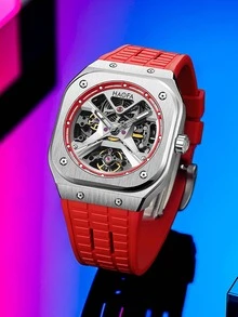 Haofa 1pc Men Red Rubber Strap Fashion Waterproof Skeleton Design Glow In The Dark Mechanical Watch, For Daily Life - Red - View 6