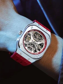 Haofa 1pc Men Red Rubber Strap Fashion Waterproof Skeleton Design Glow In The Dark Mechanical Watch, For Daily Life - Red - View 7