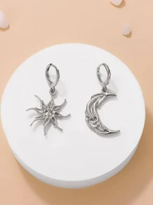 對復古不對稱抽象臉、星星、月亮和太陽形狀耳環，適合派對、派對和時尚配件 - 銀色 - 查看 2