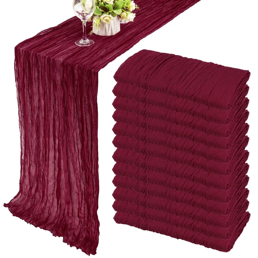 12 Pack Cheesecloth Table Runner 35x120 Inch / 35x157 Inch Boho Gauze Table Runner 10Ft / 13Ft Cheese Cloth Long Table Runner Romantic Table Runner For Wedding Bridal Shower Birthday Party Table Decor - 酒紅色 - 查看 1