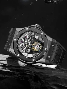 Haofa 1pc Black Crocodile Embossed PU Polyurethane Strap Casual Water Resistant Skeleton Round Dial Mechanical Watch, For Daily Life - Black - View 4