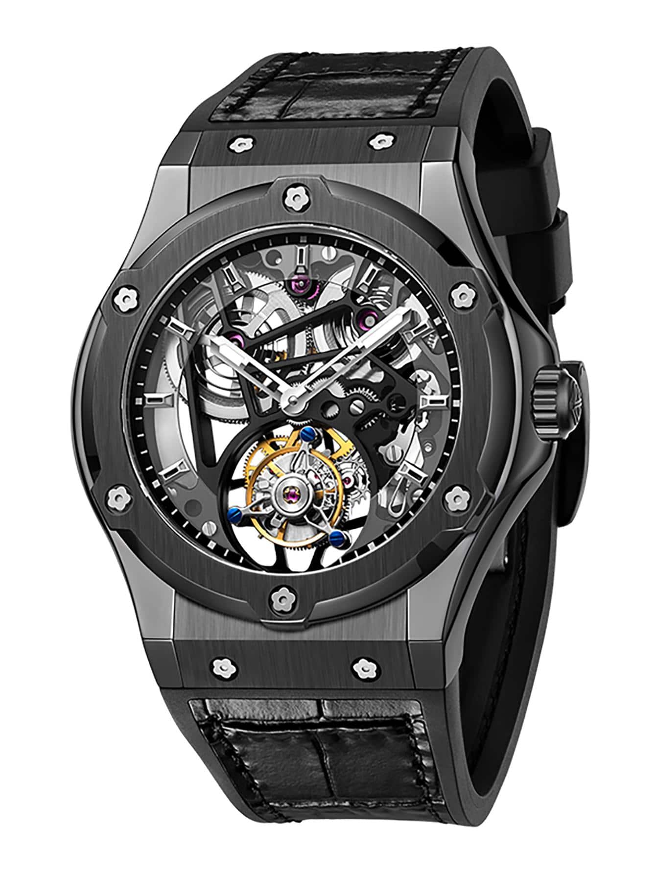 Haofa 1pc Black Crocodile Embossed PU Polyurethane Strap Casual Water Resistant Skeleton Round Dial Mechanical Watch, For Daily Life - Black - View 1