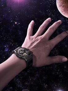 Haofa 1pc Black Crocodile Embossed PU Polyurethane Strap Casual Water Resistant Skeleton Round Dial Mechanical Watch, For Daily Life - Black - View 7