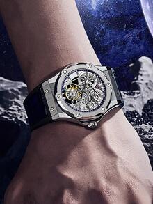 Haofa 1pc Men Blue Crocodile Embossed PU Polyurethane Strap Casual Water Resistant Skeleton Round Dial Mechanical Watch, For Daily Life - Silver - View 3