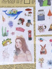 1pack Nordic Style Cute Cartoon Girl & Animal Pattern Stickers, 6pcs/pack - Multicolor - View 4