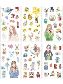 1pack Nordic Style Cute Cartoon Girl & Animal Pattern Stickers, 6pcs/pack - Multicolor - View 5