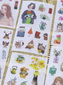 1pack Nordic Style Cute Cartoon Girl & Animal Pattern Stickers, 6pcs/pack - Multicolor - View 1