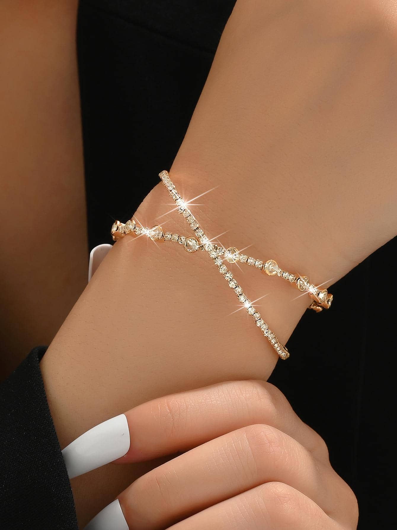 1 cái Quyến Rũ Rhinestone Trang Trí Criss Cross Cuff Lắc Tay Cho Phụ Nữ Để Trang Trí Hàng Ngày - Vàng - Xem 1
