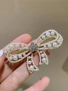 1pc Elegant Pearl Bow Hair Clip, Barrette, Bangs Clip, Hairpin For Women, Claw Clips, Hair Slide, Hair Barrettes - White - View 1