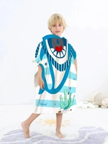 1 khăn tắm hoạt hình cá mập & cá có mũ trùm đầu cho trẻ em - Xanh và trắng - Xem 8