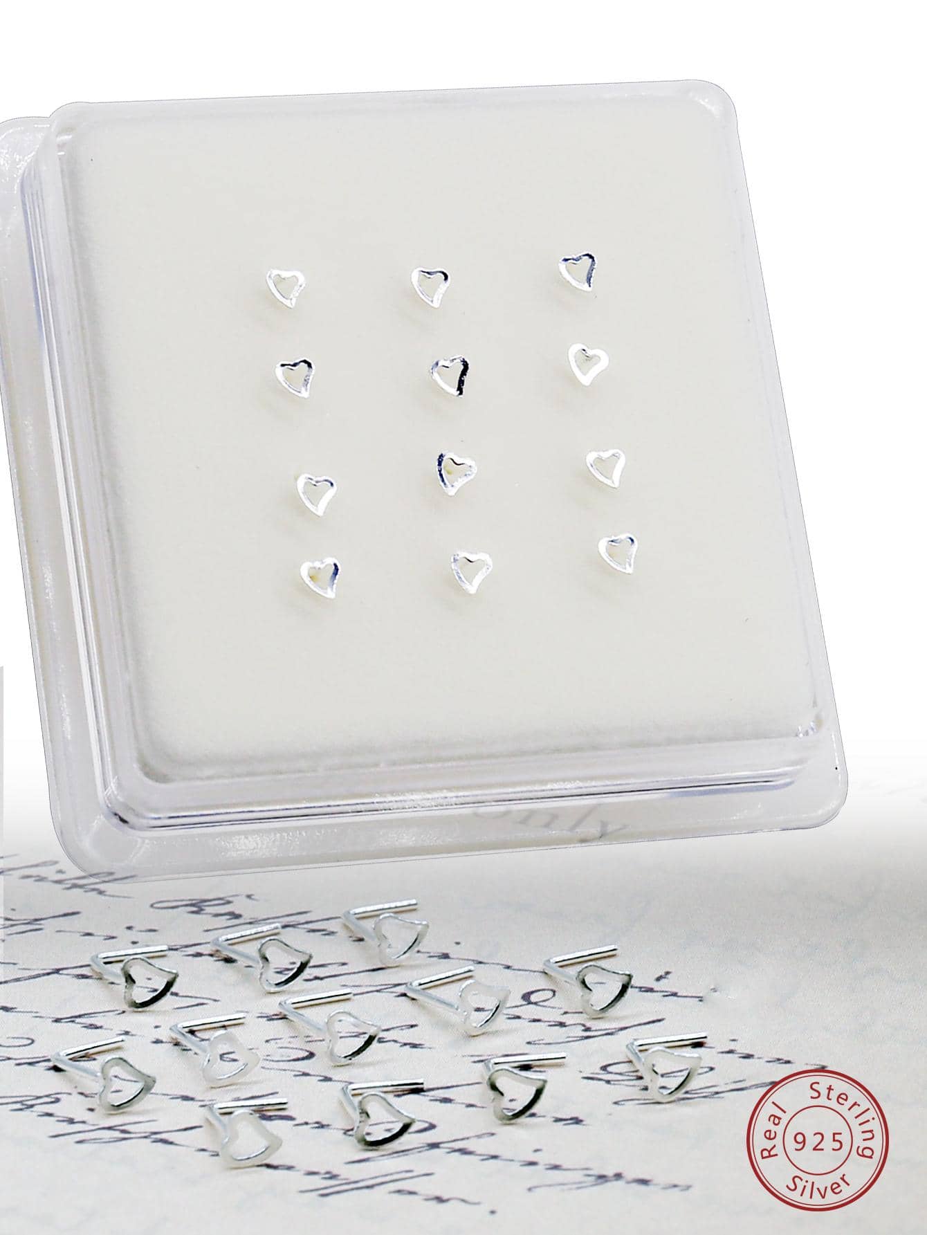 12pcs/set Heart Design Sterling Silver Nose Stud - Silver - View 1