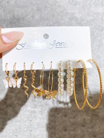 5雙/組隨機時尚假珍珠和蝴蝶裝飾耳環,女性日常裝飾必備