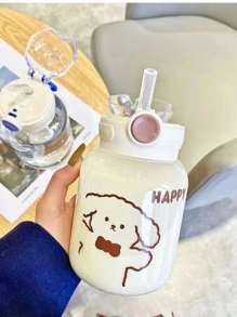 1 pièce Tasse d'eau en plastique avec couvercle aléatoire, résistante à la chaleur, d'été, avec paille, portable, style japonais, mignonne, grande capacité pour les filles et les étudiants