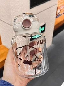 1 pièce Tasse d'eau en plastique avec couvercle aléatoire, résistante à la chaleur, d'été, avec paille, portable, style japonais, mignonne, grande capacité pour les filles et les étudiants