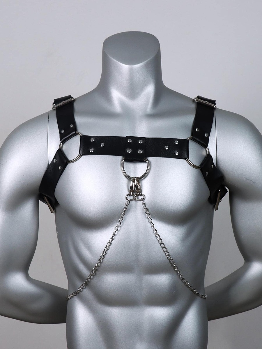 新款男士时尚胸前皮带肩带，休闲链条百搭服装配饰，1 件背带万圣节外出装婚礼派对和礼物万圣节配饰，万圣节服装秋冬配饰万圣节服装，适合青少年、青年、男士、休闲、户外、运动、度假、毕业礼物、生日、日常穿着万圣节派对黑暗风格 - 黑色 - 查看 1