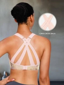 Snakeskin Print Criss Cross Sports Bra - Apricot - View 2
