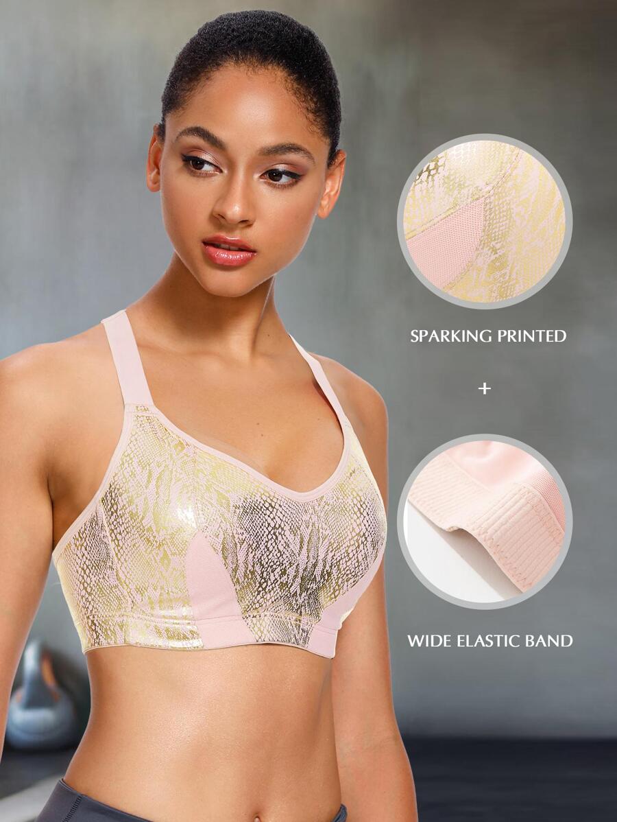 Snakeskin Print Criss Cross Sports Bra - Apricot - View 1