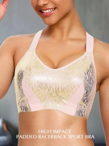 Snakeskin Print Criss Cross Sports Bra - Apricot - View 3
