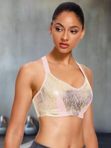 Snakeskin Print Criss Cross Sports Bra - Apricot - View 5