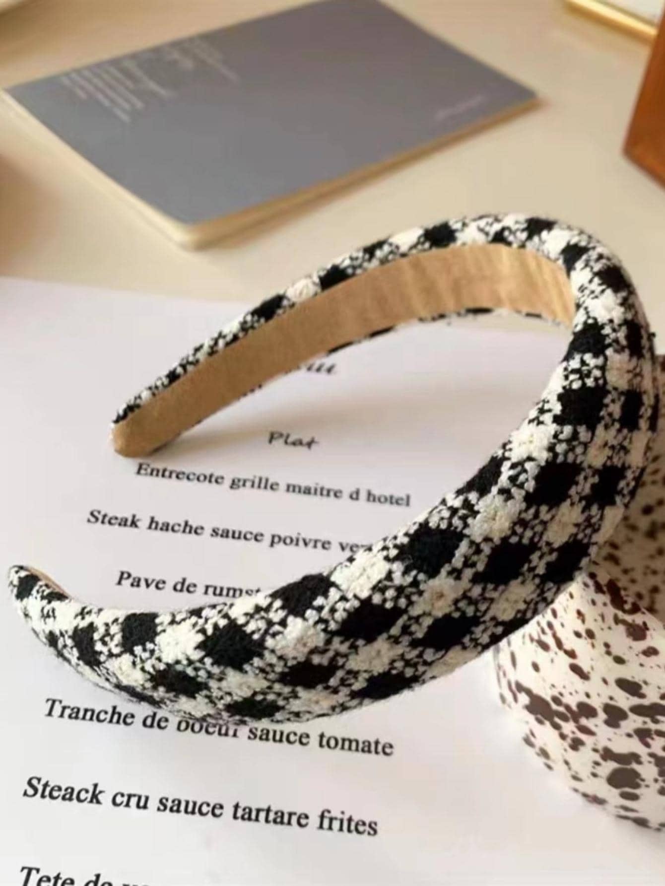 Elegant Plaid Pattern Headband Leopard Print - Black and White - View 1