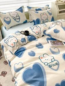 Cartoon Rabbit & Heart Pattern Duvet Cover Without Filler, Cute Fabric Quilt Cover, For Bedroom - Multicolor - View 2