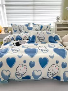 Cartoon Rabbit & Heart Pattern Duvet Cover Without Filler, Cute Fabric Quilt Cover, For Bedroom - Multicolor - View 1